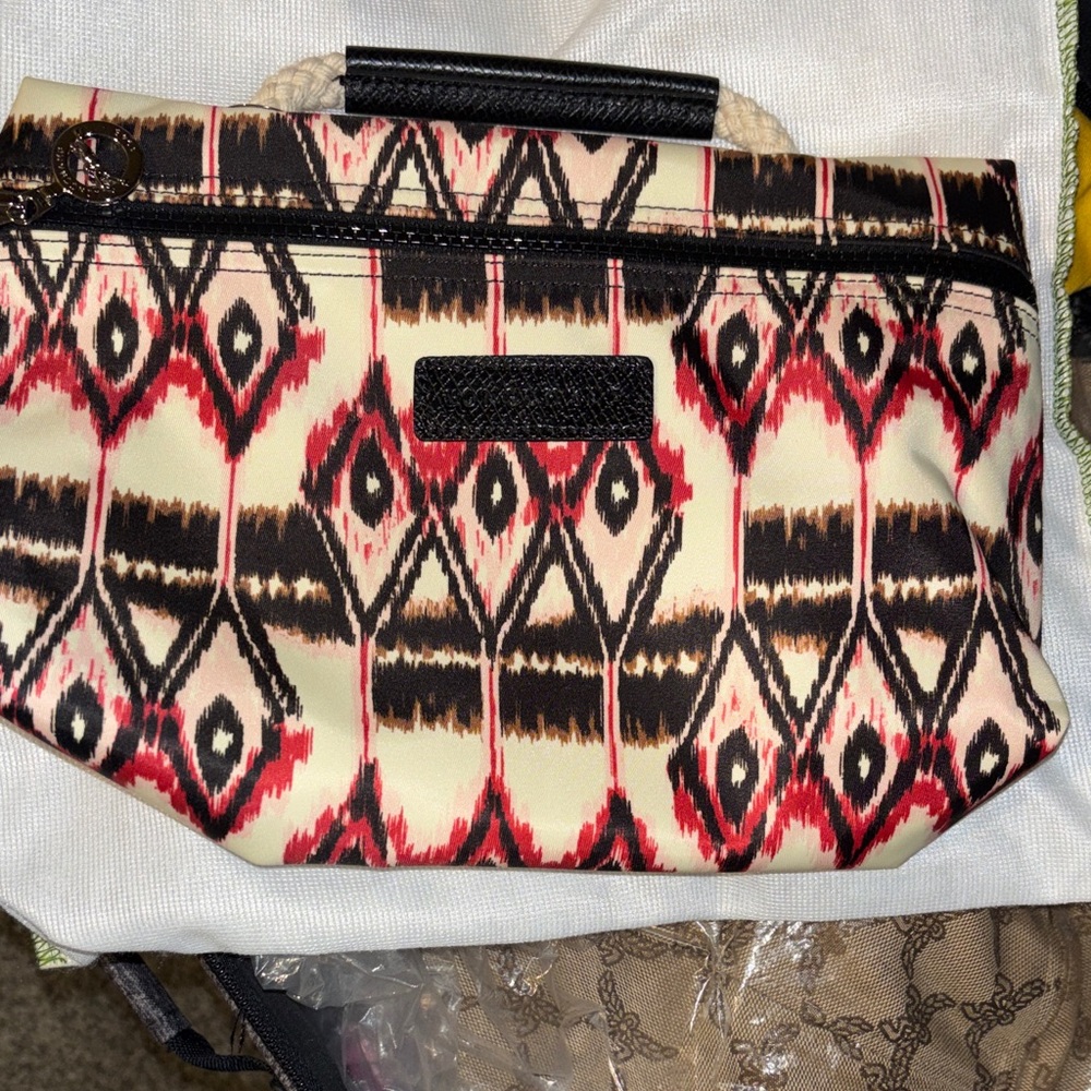 Authentic Long Champ Patterned Women's Bag with Black and Red Accents
